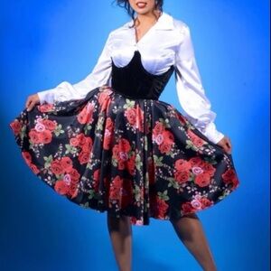 Pinup Couture PUG Black Satin Gathered Skirt In Red Rose Size S,L,XL.2XL,3XL NWT